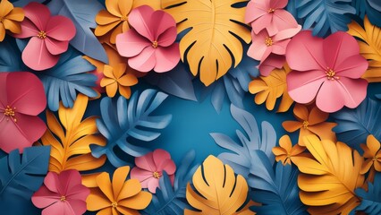 Wall Mural - Colorful paper flowers and leaves create a vibrant floral display