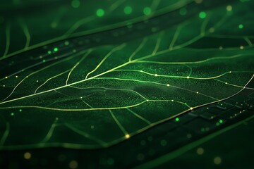 Poster - A fractal leaf with delicate veins glowing in shades of gold and emeral