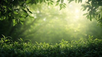 Wall Mural - Soft sunlight streams through vibrant green leaves in a calm forest