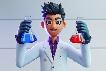 Poster - A cartoon scientist holds two beakers  one blue and one red.