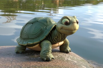 Poster - A cartoon turtle with a big smile on its face sits on a rock near a lake.