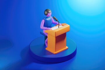 Poster - A 3D rendered purple person speaking at a podium.
