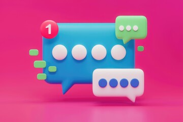 Poster - 3D render of blue  green  and white chat bubbles on a pink background.