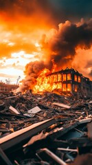Poster - Intense fire consuming a building amidst debris and smoke, possibly following a natural disaster or war, creating a dramatic scene of destruction and devastation under a fiery sky