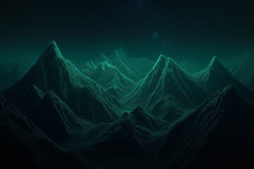 Poster - A fractal mountain range with repeating peaks that glow under a starry sky.