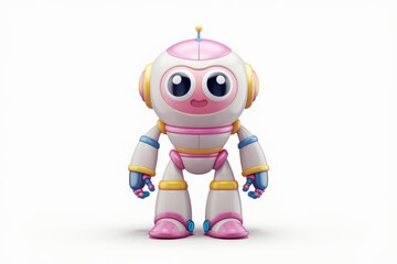 Poster - A cute  pink and white robot with big eyes stands on a white background.