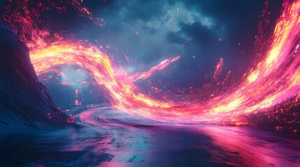 Poster - Vibrant abstract energy swirling, colorful waves of pink and blue flowing through a cosmic background, ideal for digital art.