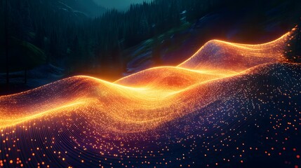 Poster - Abstract glowing wave pattern, vibrant orange and blue hues flowing through a dark background, suitable for tech themes.