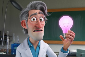 Poster - A cartoon scientist looks surprised while holding a glowing pink lightbulb.