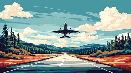 Wall Mural - Airplane Landing over Scenic Highway and Mountain Landscape.