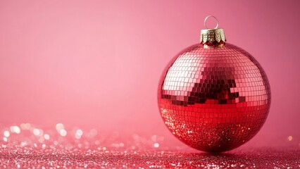 Wall Mural - Shiny red disco ball ornament on pink glitter background