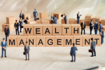 Poster - Miniature figures stand before wooden blocks spelling  Wealth Management 