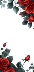 Wall Mural - White background with dark red roses on the top side vector art, dark academia aesthetic, gothic style, simple design, dark green leaves, clip art, top border frame.