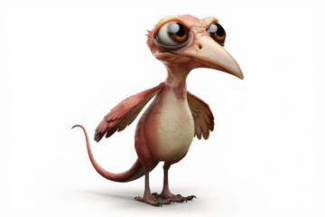 Poster - A cartoon bird with large eyes and a long tail  standing on a white background.