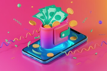 Aufkleber - A 3D illustration of a wallet filled with money on a smartphone.