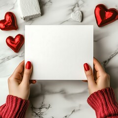 Wall Mural - hands holding a white blank valentine's day invitation mockup, detailed design, valentine's day scene in the background