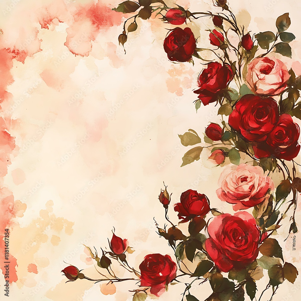 Cream Roses Watercolour Background watercolor background, with a lot of roses in the corners using deep ...