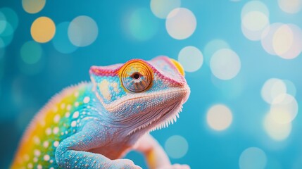Poster - A chameleon showcases its stunning ability to blend with a rainbow backdrop, reflecting vibrant colors under soft light conditions. This marvelous creature captivates with its vivid palette