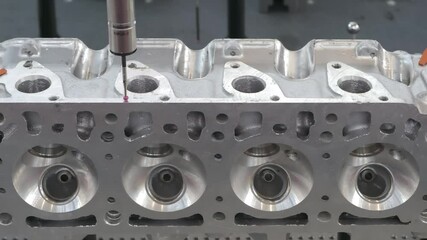 Poster - Close-up check measurement of automotive cylinder block by detecting head sensor, car service and repair concept