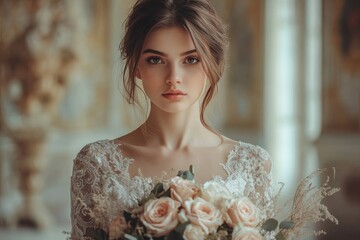 Wall Mural - Portrait of a slim young woman in a stylish lace wedding dress, holding a bouquet of roses, soft focus background of wedding venue, capturing elegance and romance