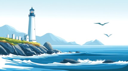 Poster - Coastal Lighthouse with Ocean Waves Crashing on Rocky Shore and Seagulls Flying.