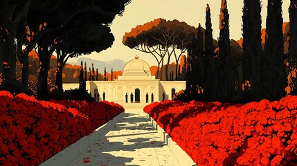 Wall Mural - Serene Pathway Leading to a Classical Dome Building Amidst Vibrant Red Flowers and Lush Greenery.