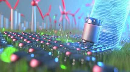 Futuristic energy storage, wind turbines, grassy field.
