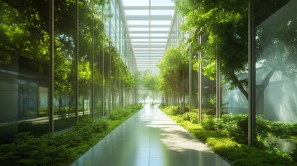 Sticker - Lush greenery lines a sunlit, glass-walled corridor.