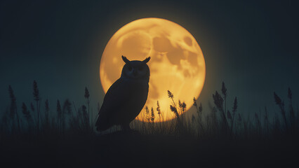 Wall Mural - A Mystical Moonlit Meadow Silhouette of an Owl where the subject is defined by its dark outline against a backdrop of a glowing moonlit meadow