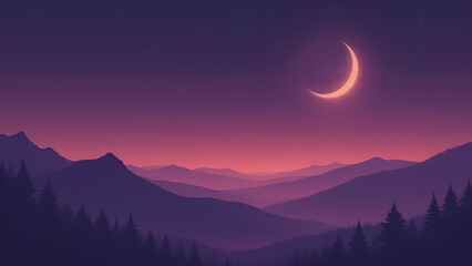 Wall Mural - A Duotone Minimalist Landscape featuring a crescent moon hanging in the night sky