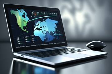 Poster - Open laptop displaying global business data and analytics, representing international market trends and financial performance