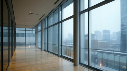 Wall Mural - Modern corridor, wood floor, large windows, city view.