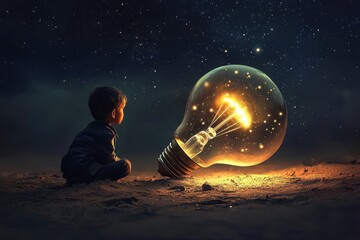 Wall Mural - Dreamy illustration of a boy gazing at a giant bulb half-buried in the ground.