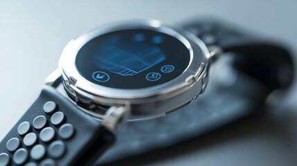 Smartwatch displays graphic; textured band.
