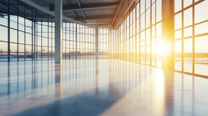 Wall Mural - Empty modern building interior, sunset view.