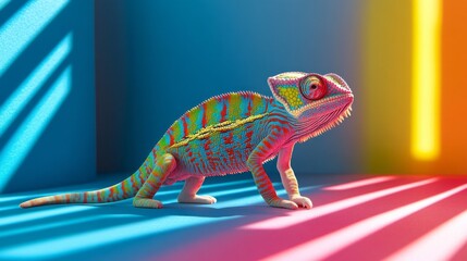 Poster - A stunning chameleon seamlessly blends with a colorful rainbow backdrop, showcasing its vibrant patterns in a playful display of nature's artistry under bright natural light