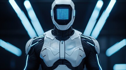 Poster - A futuristic robot with a digital face and sleek armor stands against a backdrop of glowing lights, embodying advanced technology and science fiction aesthetics.
