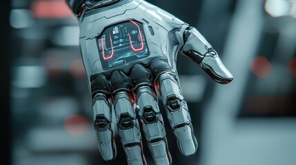 Poster - A futuristic robotic hand showcasing intricate design and technology, featuring sensors and a digital display.
