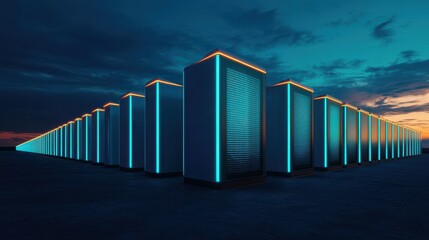 Poster - A futuristic landscape featuring rows of illuminated structures under a dramatic sky at dusk, highlighting technology and innovation.