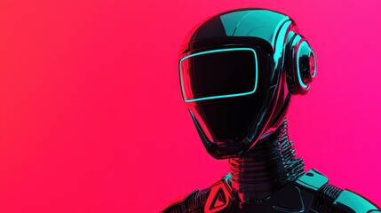 Poster - A futuristic robotic figure with a sleek design, illuminated against a vibrant gradient background of pink and blue hues.