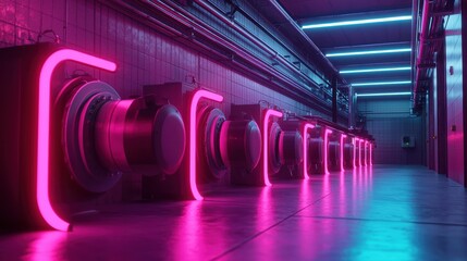 Poster - A futuristic corridor featuring glowing pink lights and sleek machinery creates a vibrant, tech-inspired atmosphere.
