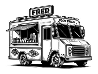 Wall Mural - classic food truck line art vector illustration