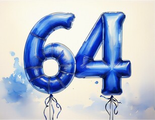 Blue birthday / anniversary balloon, number 64, watercolor painting with white background