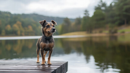 Wall Mural - Small dog standing on a wooden dock near a serene forested lake