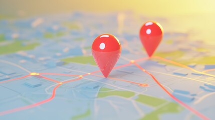 Poster - Red location pins marking a route on a digital map, representing gps navigation and the advancements of online mapping technology in modern travel and exploration