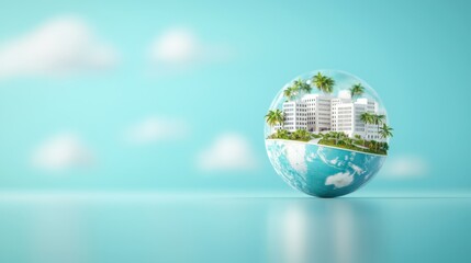 Poster - 3D earth with pathways connecting universities, hospitals, and factories