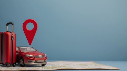 Poster - Red toy car and luggage are positioned on a map with a location pin, symbolizing planning a travel destination using navigation and online maps