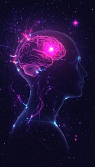 Poster - Glowing Human Head Silhouette with Detailed Brain, Neural Connections, Abstract Galaxy Background.