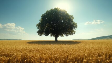 Wall Mural - Vibrant yellow landscape with a solitary tree under a bright sky during late afternoon light