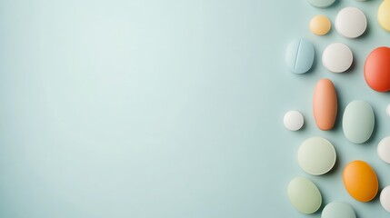 Poster - Medical pills and capsules in various shapes and colors arranged diagonally on a light blue background, creating a visually appealing composition with ample copy space